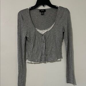 Joy Joy Gray Ribbed Button-Front Crop Top with Lace Trim